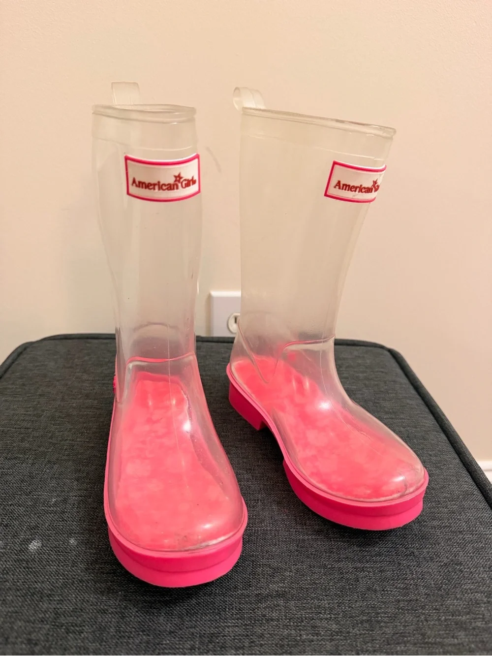 American Girl Clear Rain Boots with Bright Pink Soles
